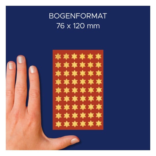 Größenvergleich mit Hand, Artikel: 52802, ein Bogen Weihnachtssticker, Format: 85 x 160 mm, Farbe: Gold