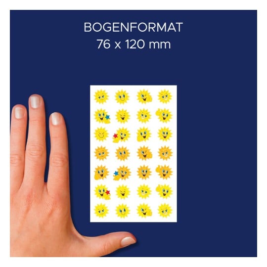 Größenvergleich mit Hand, Artikel: 53133, ein Bogen Papiersticker, Format: 85 x 160 mm, Farbe: Gelb, Orange