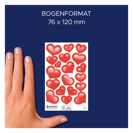 Größenvergleich mit Hand, Artikel: 53205, ein Bogen Deko Sticker, Format: 85 x 160 mm, Farbe: Rot