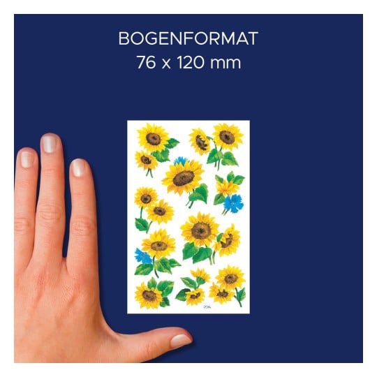 Größenvergleich mit Hand, Artikel: 54103, ein Bogen Blumenaufkleber, Format: 85 x 160 mm, Farbe: Bunt