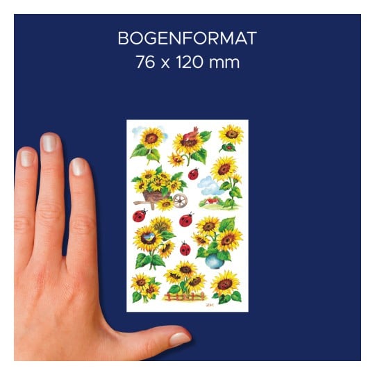 Größenvergleich mit Hand, Artikel: 54171, ein Bogen Blumenaufkleber, Format: 85 x 160 mm, Farbe: Bunt