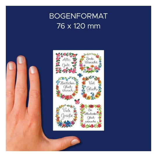 Größenvergleich mit Hand, Artikel: 54216, ein Bogen Deko Sticker, Format: 85 x 160 mm, Farbe: Bunt