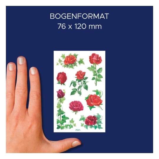 Größenvergleich mit Hand, Artikel: 54261, ein Bogen Blumenaufkleber, Format: 85 x 160 mm, Farbe: Bunt