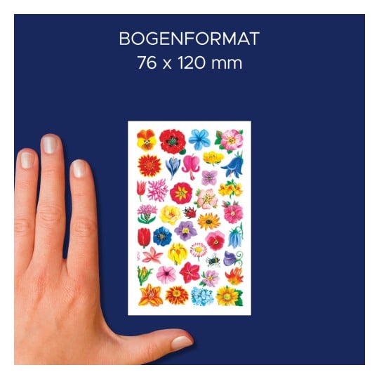 Größenvergleich mit Hand, Artikel: 54304, ein Bogen Blumenaufkleber, Format: 85 x 160 mm, Farbe: Bunt