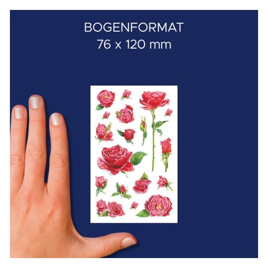 Größenvergleich mit Hand, Artikel: 54337, ein Bogen Blumenaufkleber, Format: 85 x 160 mm, Farbe: Bunt