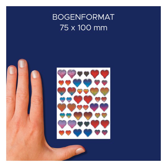 Größenvergleich mit Hand, Artikel: 55209, ein Bogen Glossy Sticker, Format: 85 x 160 mm, Farbe: Bunt