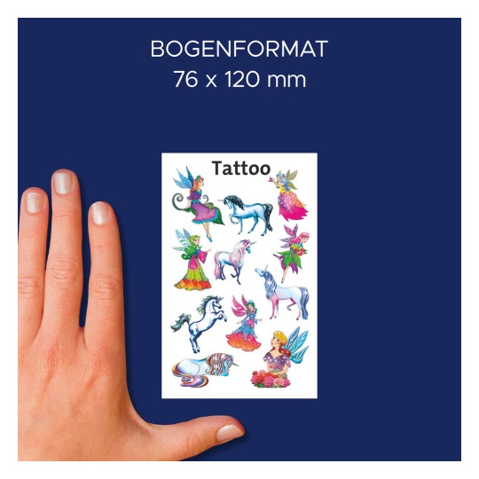 Größenvergleich mit Hand, Artikel: 56390, ein Bogen Kinder Tattoos, Format: 85 x 160 mm, Farbe: Bunt