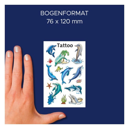 Größenvergleich mit Hand, Artikel: 56439, ein Bogen Kinder Tattoos, Format: 85 x 160 mm, Farbe: Bunt
