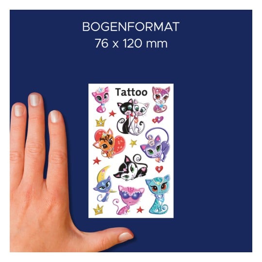 Größenvergleich mit Hand, Artikel: 56675, ein Bogen Kinder Tattoos, Format: 85 x 160 mm, Farbe: Bunt