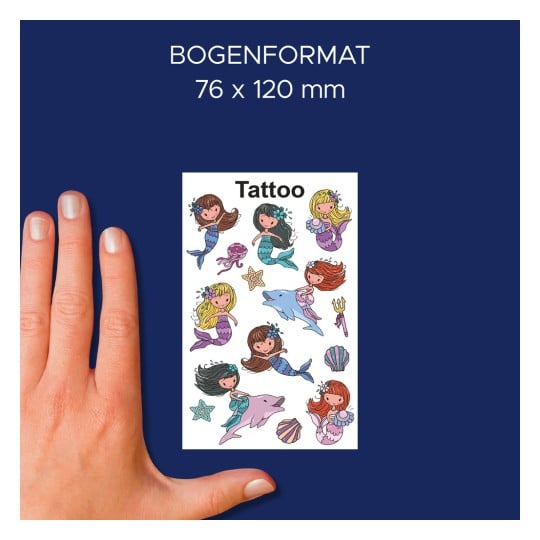 Größenvergleich mit Hand, Artikel: 56763, ein Bogen Kinder Tattoos, Format: 85 x 160 mm, Farbe: Bunt