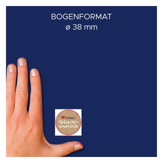 Größenvergleich mit Hand, Artikel: 56814, ein Bogen Sticker auf Rolle, Format: ⌀ 38 mm, Farbe: Bunt