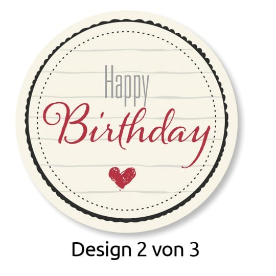Das Bild zeigt ein kreisförmiges Design mit den Worten 'Happy Birthday' in stilisierten Schriftarten. Ein kleines Herz ist in das Design integriert, und es hat einen dekorativen Rand, was darauf hindeutet, dass es sich um einen festlichen Geburtstagsgruß handelt.
