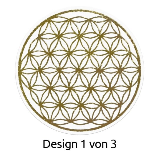 Das Bild zeigt ein kreisförmiges Muster mit sich überlappenden Blumen, die in Grün gehalten sind. Es ist mit 'Design 1 von 3' beschriftet.