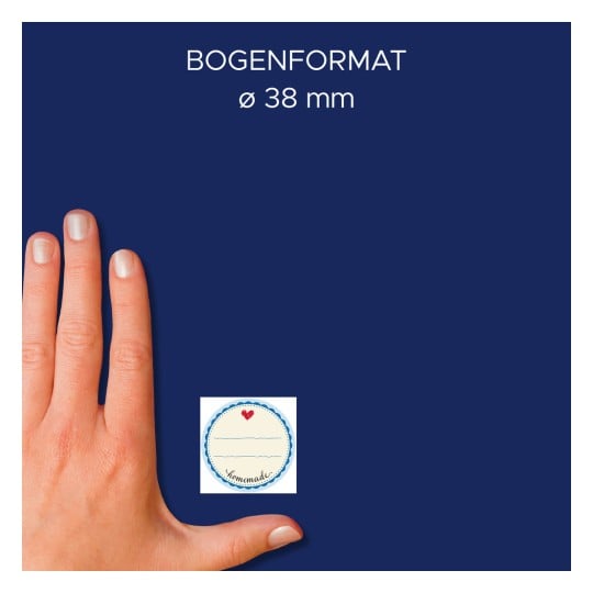 Größenvergleich mit Hand, Artikel: 56819, ein Bogen Sticker auf Rolle, Format: ⌀ 38 mm, Farbe: Bunt