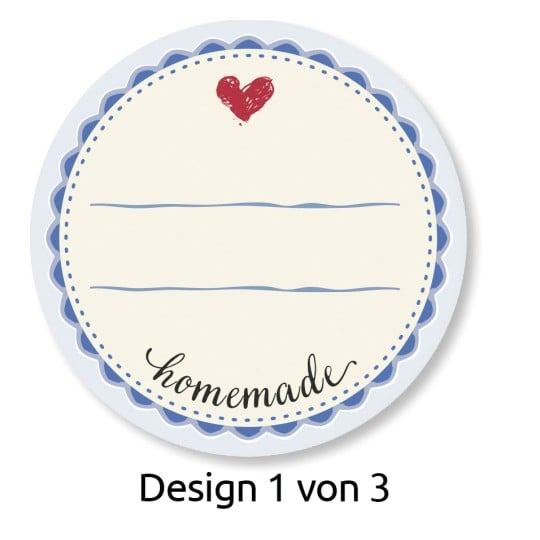 Ein rundes, selbstgemachtes Etikettendesign mit einem Herz oben, leeren Zeilen zum Ausfüllen von Details und dekorativen Rand-Elementen. Es trägt den Schriftzug 'homemade' in Kursivschrift und 'Design 1 von 3' am unteren Rand.