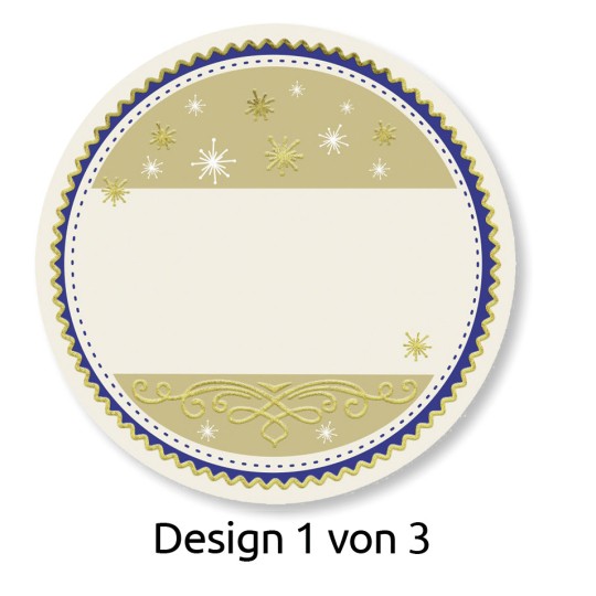 Das Bild zeigt ein kreisförmiges Design in einem Grün- und Blauton-Schema. Es enthält dekorative Elemente wie Schneeflocken und verzierte Linien, mit einem leeren Raum in der Mitte zur individuellen Anpassung. Am unteren Rand steht 'Design 1 von 3'.