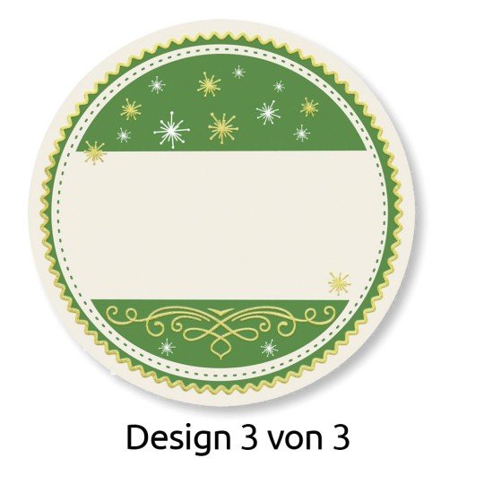 Das Bild zeigt ein rundes Etikettendesign in Grün und Creme. Es enthält dekorative Elemente wie Sterne und Wirbel und hat einen leeren Raum in der Mitte zum Beschriften. Das Etikett ist mit 'Design 3 von 3' beschriftet.