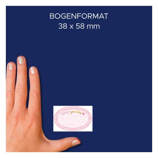 Größenvergleich mit Hand, Artikel: 56861, ein Bogen Sticker auf Rolle, Format: ⌀ 38 mm, Farbe: Bunt