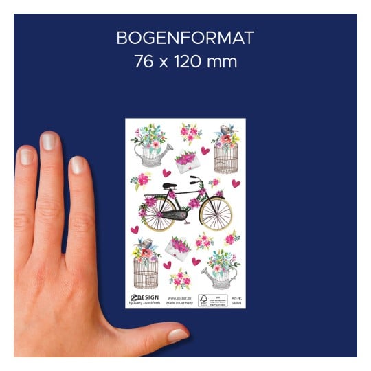Größenvergleich mit Hand, Artikel: 56891, ein Bogen Deko Sticker, Format: 85 x 160 mm, Farbe: Bunt