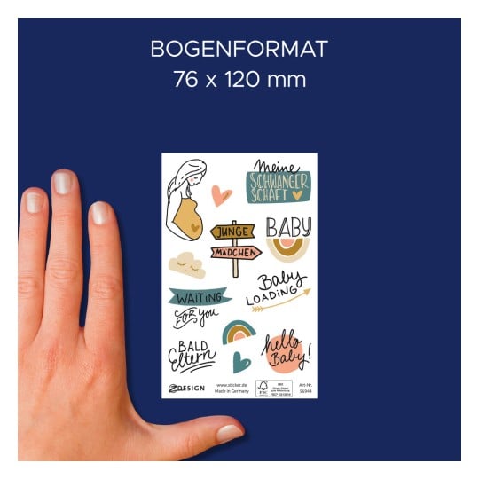Größenvergleich mit Hand, Artikel: 56944, ein Bogen Deko Sticker, Format: 85 x 160 mm, Farbe: Bunt