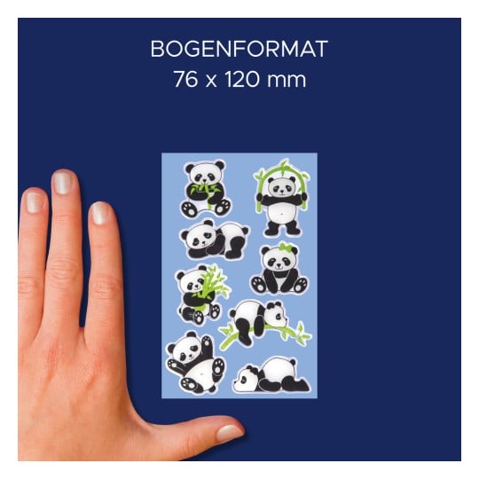 Größenvergleich mit Hand, Artikel: 57297, ein Bogen Glossy Sticker, Format: 85 x 160 mm, Farbe: Weiß, Schwarz, Grün