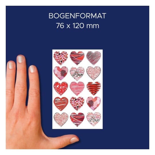 Größenvergleich mit Hand, Artikel: 57521, ein Bogen Deko Sticker, Format: 85 x 160 mm, Farbe: Rot, Pink, Weiß