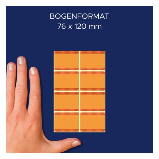 Größenvergleich mit Hand, Artikel: 59370, ein Bogen Tiefkühl-Etiketten, Format: 28 x 36 mm, Farbe: Orange