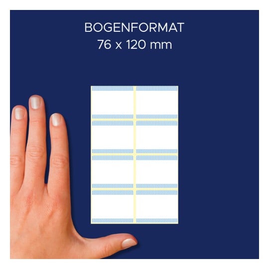 Größenvergleich mit Hand, Artikel: 59371, ein Bogen Tiefkühl-Etiketten, Format: 28 x 36 mm, Farbe: Weiß, Blau