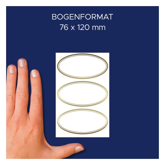 Größenvergleich mit Hand, Artikel: 59419, ein Bogen Marmeladen-Etiketten, Format: 35 x 70 mm, Farbe: Gold