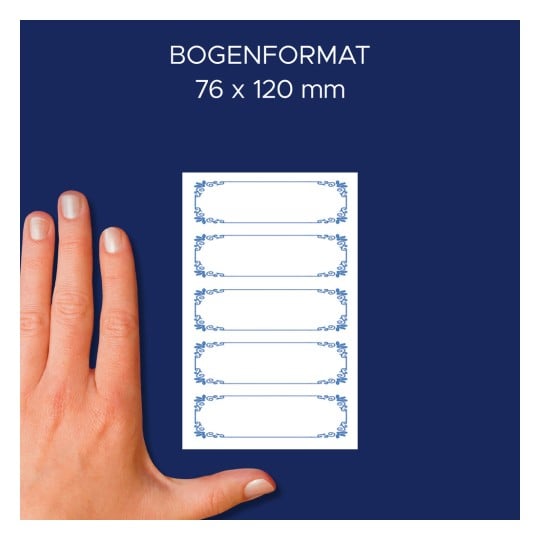 Größenvergleich mit Hand, Artikel: 59528, ein Bogen Marmeladen-Etiketten, Format: 21 x 70 mm, Farbe: Blau