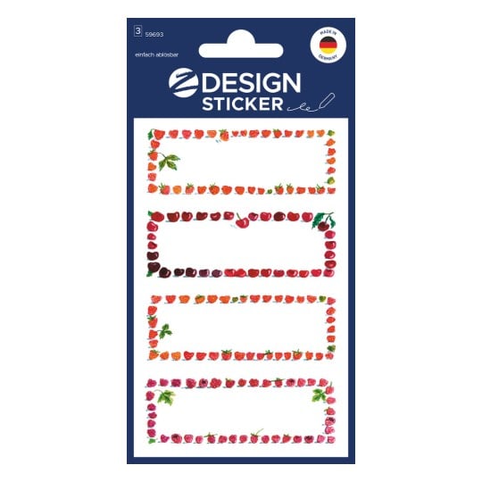 Packungsabbildung: Z-Design, Artikel: 59693, Marmeladen-Etiketten, 26 x 70 mm, Kleinpackung, 12 Sticker / 3 Bögen