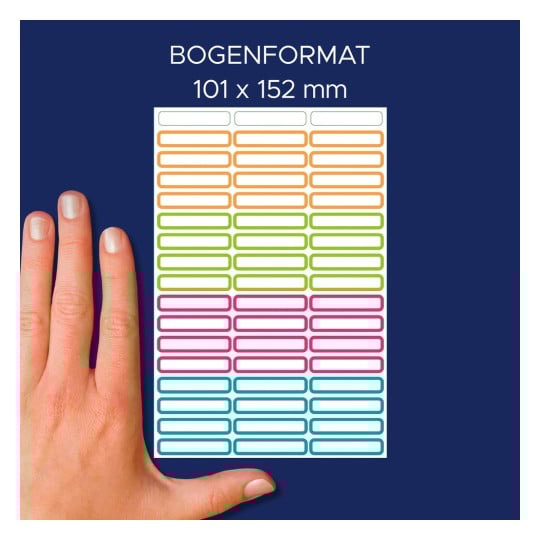 Größenvergleich mit Hand, Artikel: 59983, ein Bogen Set Namensaufkleber, Format: 130 x 183 x 5 mm, Farbe: Bunt