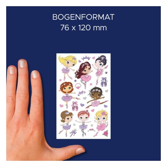 Größenvergleich mit Hand, Artikel: 59990, ein Bogen Sortiment Sticker, Format: 130 x 183 x 5 mm, Farbe: Bunt