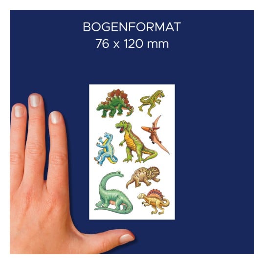 Größenvergleich mit Hand, Artikel: 59991, ein Bogen Sortiment Sticker, Format: 130 x 183 x 5 mm, Farbe: Bunt