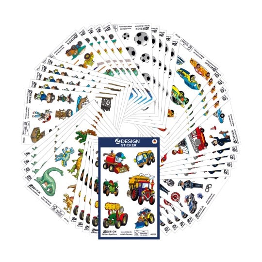 Packungsabbildung mit Etikettenbogen: Z-Design Sortiment Sticker, Artikel: 59991, Format: 130 x 183 x 5 mm Inhalt: 480 Sticker / 40 Bögen, 12 Sticker/Bogen