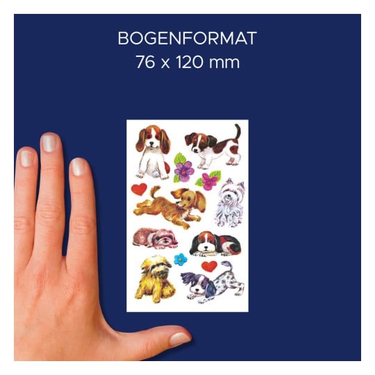 Größenvergleich mit Hand, Artikel: 59992, ein Bogen Sortiment Sticker, Format: 130 x 183 x 5 mm, Farbe: Bunt