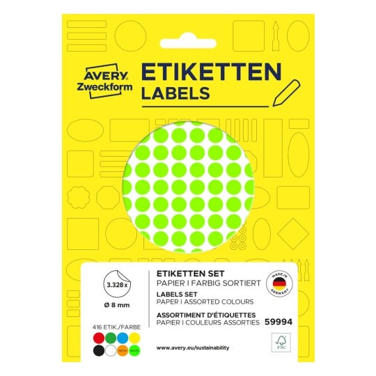Packungsabbildung: Avery Zweckform, Artikel: 59994, Farbige Markierungspunkte, Format: ⌀ 8 mm, Inhalt: 3.328 Markierungspunkte / 32 Bögen, 104 Markierungspunkte/Bogen