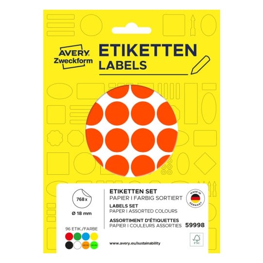 Packungsabbildung: Avery Zweckform, Artikel: 59998, Farbige Markierungspunkte, Format: ⌀ 18 mm, Inhalt: 768 Markierungspunkte / 32 Bögen, 24 Markierungspunkte/Bogen