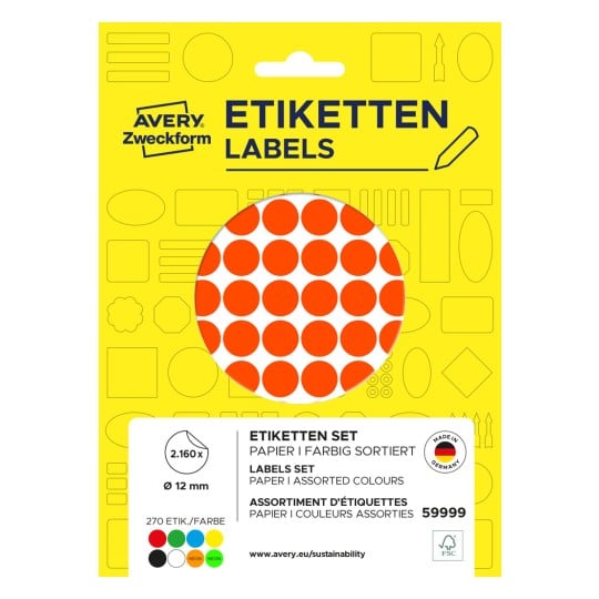 Packungsabbildung: Avery Zweckform, Artikel: 59999, Farbige Markierungspunkte, Format: ⌀ 12 mm, Inhalt: 2.160 Markierungspunkte / 40 Bögen, 54 Markierungspunkte/Bogen