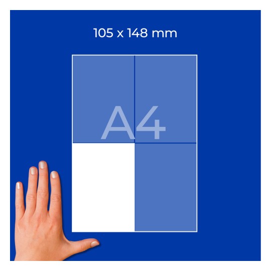 Hand neben einem Diagramm einer in vier Rechtecke unterteilten A4-Seite vor blauem Hintergrund?