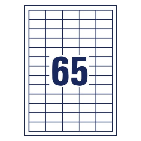 Stanzzeichnung Einzelbogen A4, Artikel: 6121-65, Universal-Etiketten, Format: 38 x 21,2 mm, 65 Etiketten/Bogen