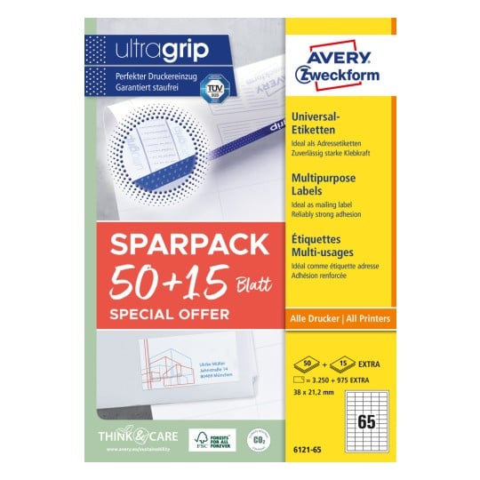Packungsabbildung: Avery Zweckform Universal-Etiketten, permanent haftend, Artikel:  6121-65, Format: 38 x 21,2 mm, Druckereignung: Inkjet,Laser s/w,Farblaser, Inhalt: 4.225 Etiketten / 65 Bögen, 65 Etiketten/Bogen