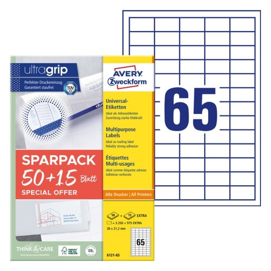 Packungsabbildung mit Etikettenbogen: Avery Zweckform Universal-Etiketten, Artikel: 6121-65, Format: 38 x 21,2 mm, Druckereignung: Inkjet,Laser s/w,Farblaser, Inhalt: 4.225 Etiketten / 65 Bögen, 65 Etiketten/Bogen