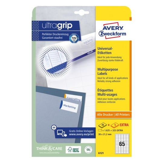 Packungsabbildung: Avery Zweckform Universal-Etiketten, permanent haftend, Artikel:  6121, Format: 38 x 21,2 mm, Druckereignung: Inkjet,Laser s/w,Farblaser, Inhalt: 1.950 Etiketten / 30 Bögen, 65 Etiketten/Bogen