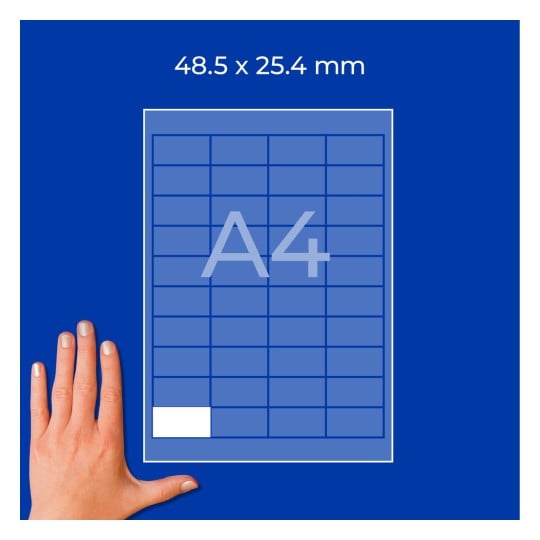Hand neben A4-Blatt-Layout mit Raster und Beschriftung 48,5 × 25,4 mm?