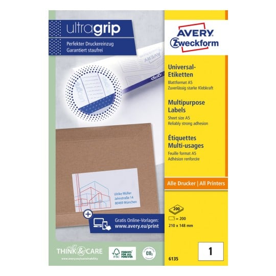 Packungsabbildung: Avery Zweckform Weiße Universal-Etiketten in Sonderformen, Artikel:  6135, Format: 210 x 148 mm, Druckereignung: Inkjet,Laser s/w,Farblaser, Inhalt: 200 Etiketten / 200 Bögen, 1 Etiketten/Bogen
