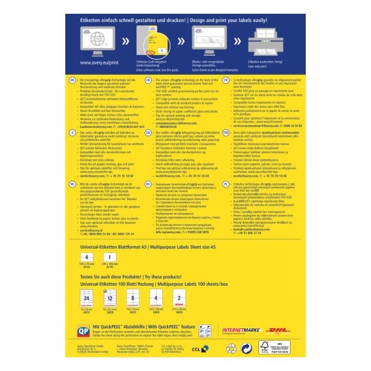 Das Bild ist eine Informationsgrafik über Etikettendruckprodukte von Avery, mit Anleitungen in verschiedenen Sprachen, Produktspezifikationen und Gestaltungstipps für das effiziente Drucken von Etiketten.