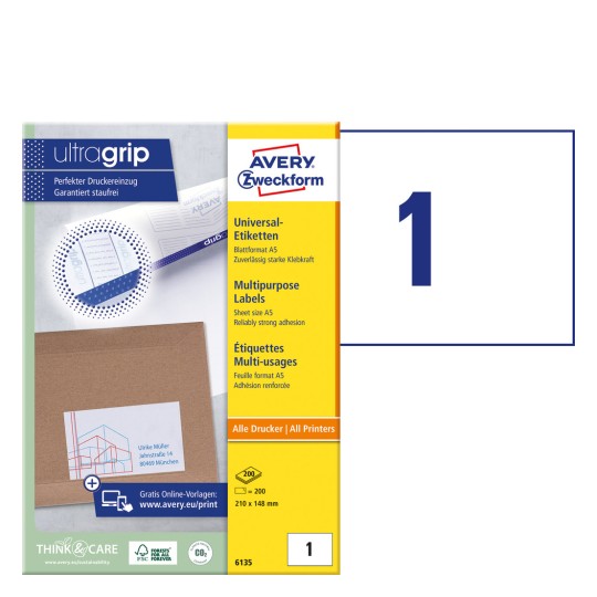 Packungsabbildung mit Etikettenbogen: Avery Zweckform Universal-Etiketten, Artikel: 6135, Format: 210 x 148 mm, Druckereignung: Inkjet,Laser s/w,Farblaser, Inhalt: 200 Etiketten / 200 Bögen, 1 Etiketten/Bogen