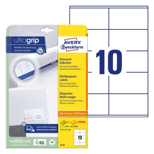 Packungsabbildung mit Etikettenbogen: Avery Zweckform Universal-Etiketten, Artikel:  6137, Format: 105 x 57 mm, Druckereignung: Inkjet,Laser s/w,Farblaser, Inhalt: 300 Etiketten / 30 Bögen, 10 Etiketten/Bogen