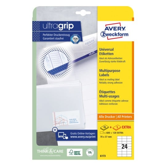 Packungsabbildung: Avery Zweckform Universal-Etiketten, permanent haftend, Artikel:  6173, Format: 70 x 37 mm, Druckereignung: Inkjet,Laser s/w,Farblaser, Inhalt: 720 Etiketten / 30 Bögen, 24 Etiketten/Bogen